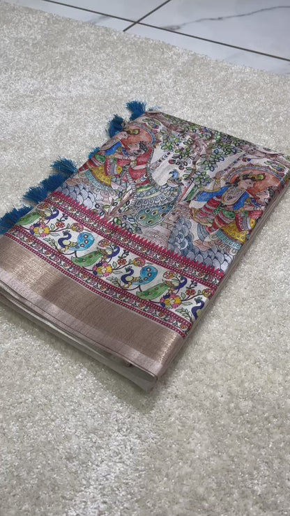 Beige tussar silk sarees with madhubani print