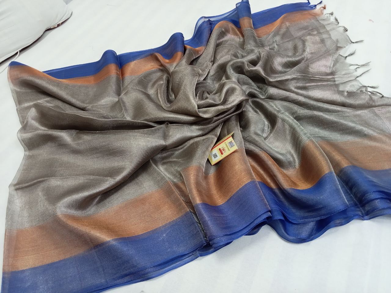 Silver gray Pure handloom Tussar tissue silk sarees