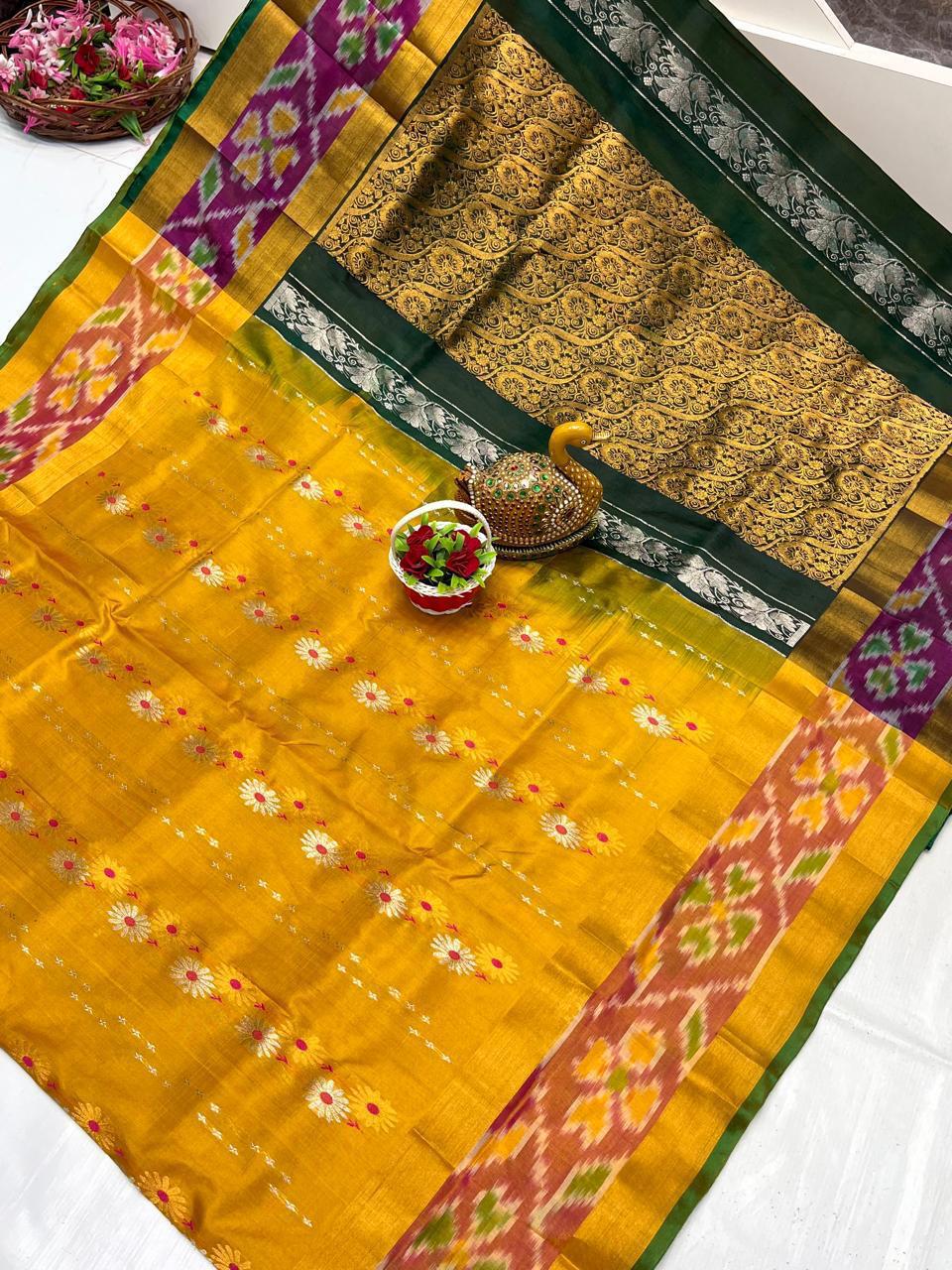 Dark yellow Uppada sarees with pochampally border