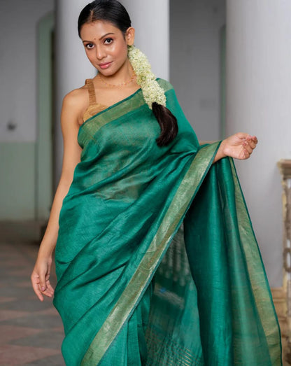 Dark green festive wear silk linen sarees