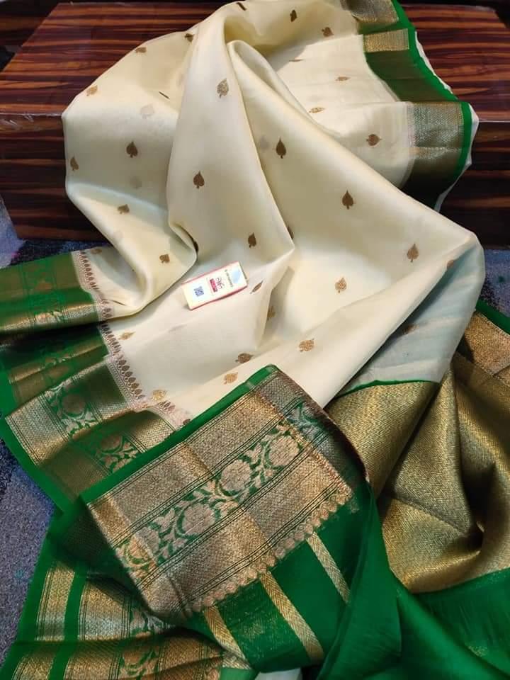 Cream with dark green Banarasi kora organza sarees