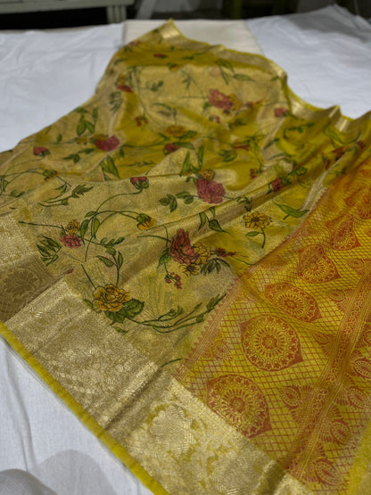 Light Gold banarasi Tissue silk printed sarees