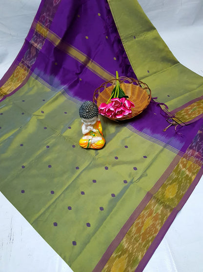 Green and dark purple Tripura silk sarees with Pochampally border