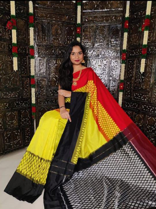 Yellow ikkat plain silk sarees