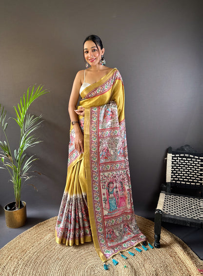 Mustard yellow tussar silk sarees with madhubani print