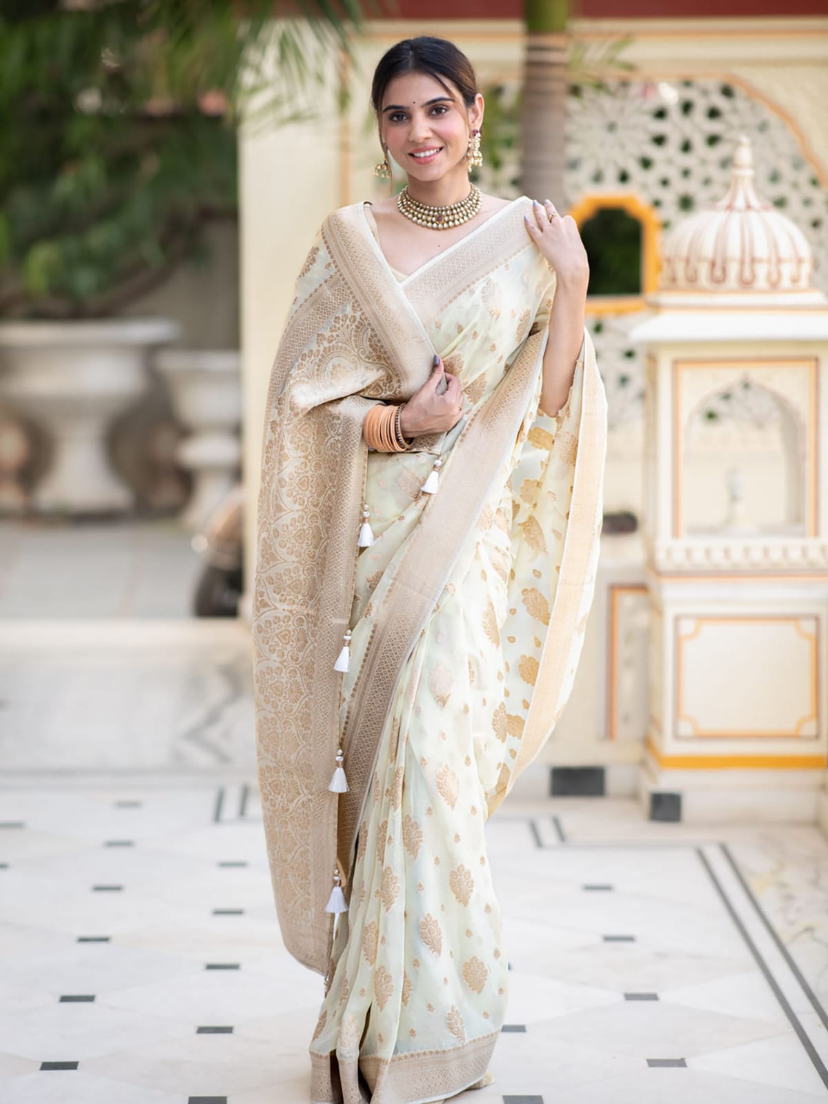 Cream Banarasi semi georgette silk sarees