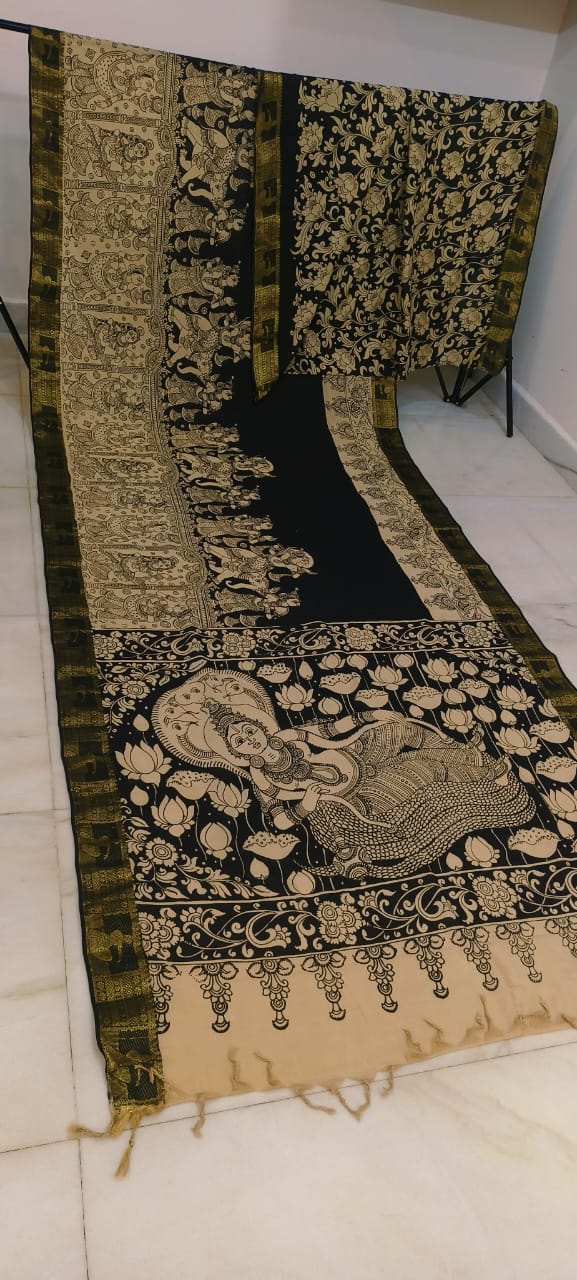 Black and white mangalagiri pen kalamkari sarees