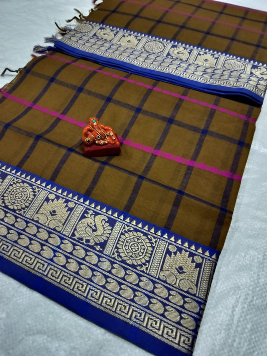 Brown Narayanpet Cotton checks  sarees