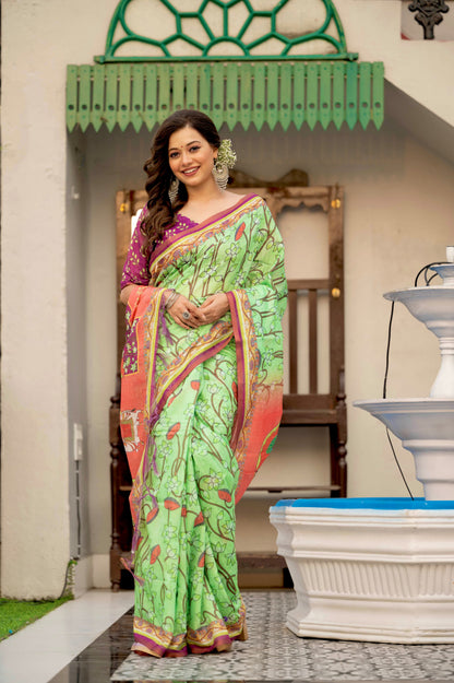 Green mulmul linen cotton sarees