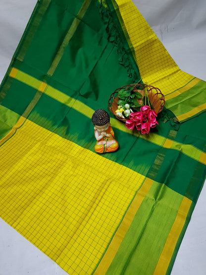 Yellow with dark green Tripura silk mahanati checks sarees