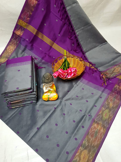 Gray and dark purple Tripura silk sarees with Pochampally border