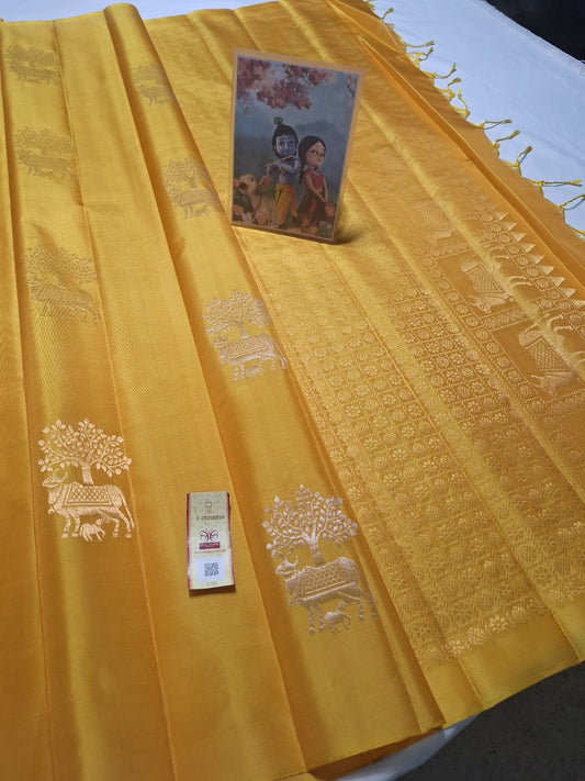 Yellow Pure kanchipuram plain soft silk sarees