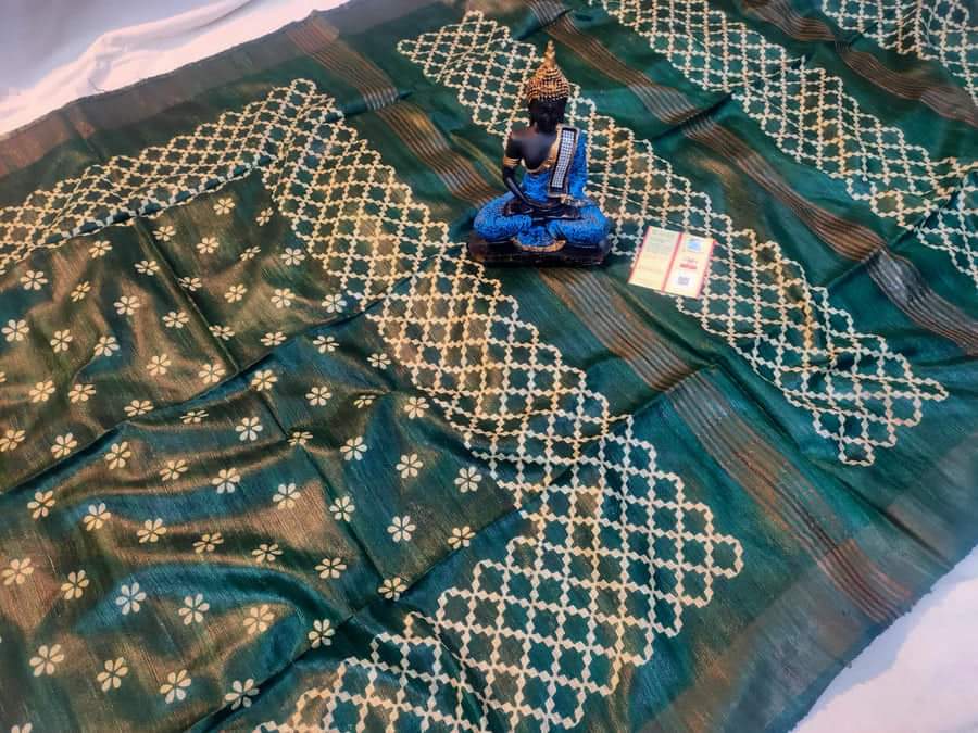 Dark green Pure Tussar gicha screen print sarees