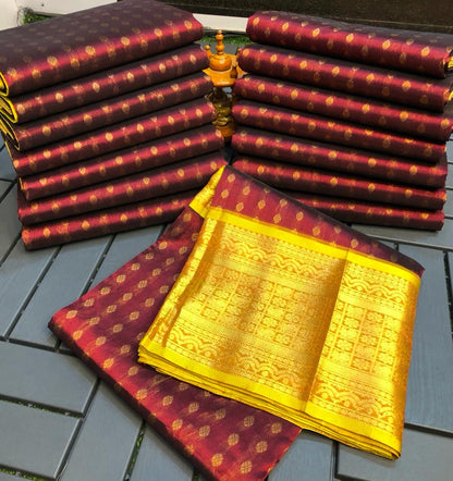 Dark Brown and yellow handloom Kuppadam kanchi border sarees