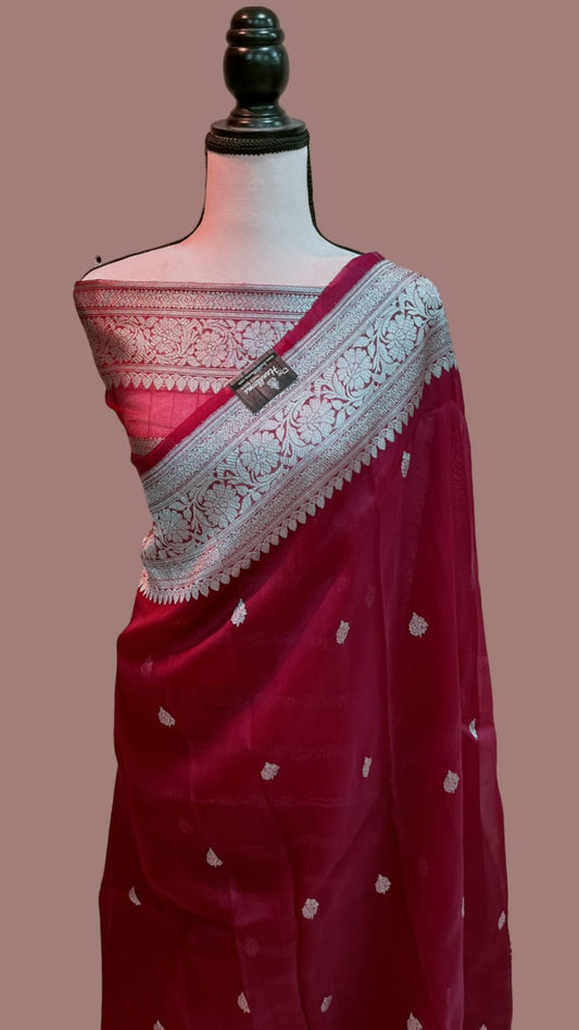 Maroon red Banarasi organza silk sarees