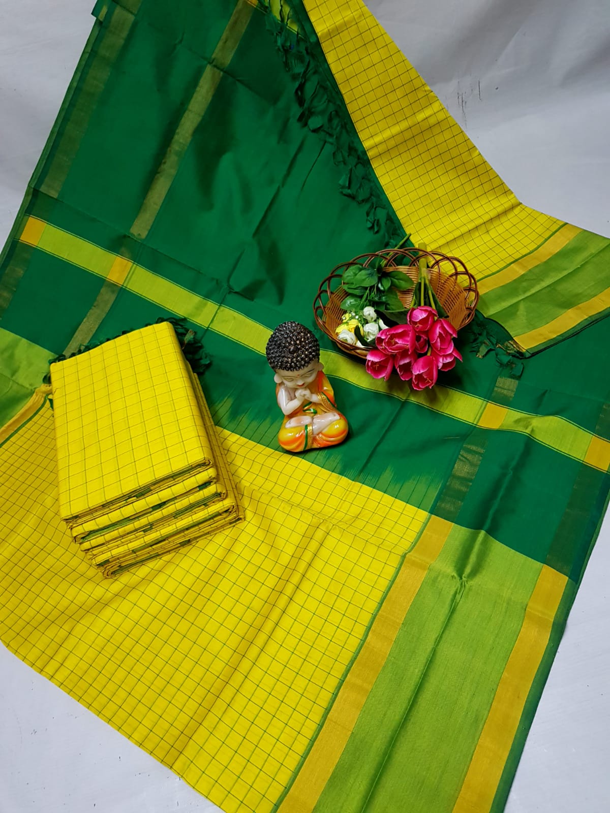 Yellow with dark green Tripura silk mahanati checks sarees