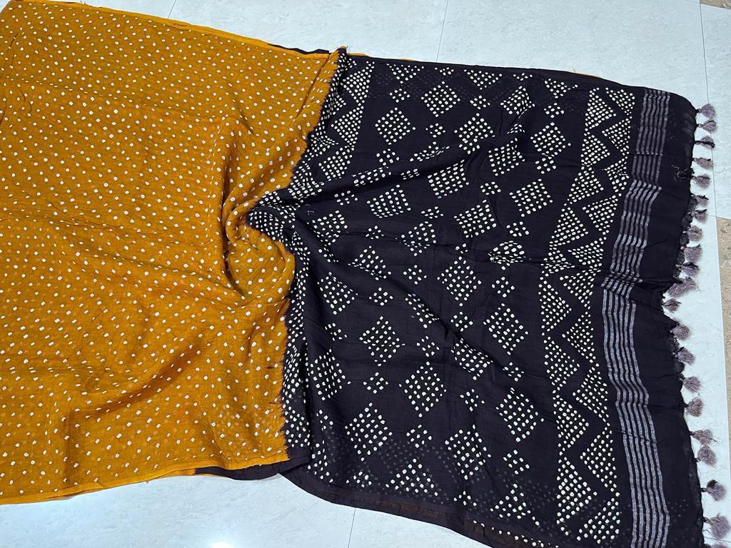 Mustard yellow and Black pure linen 120 counts bandhani sarees