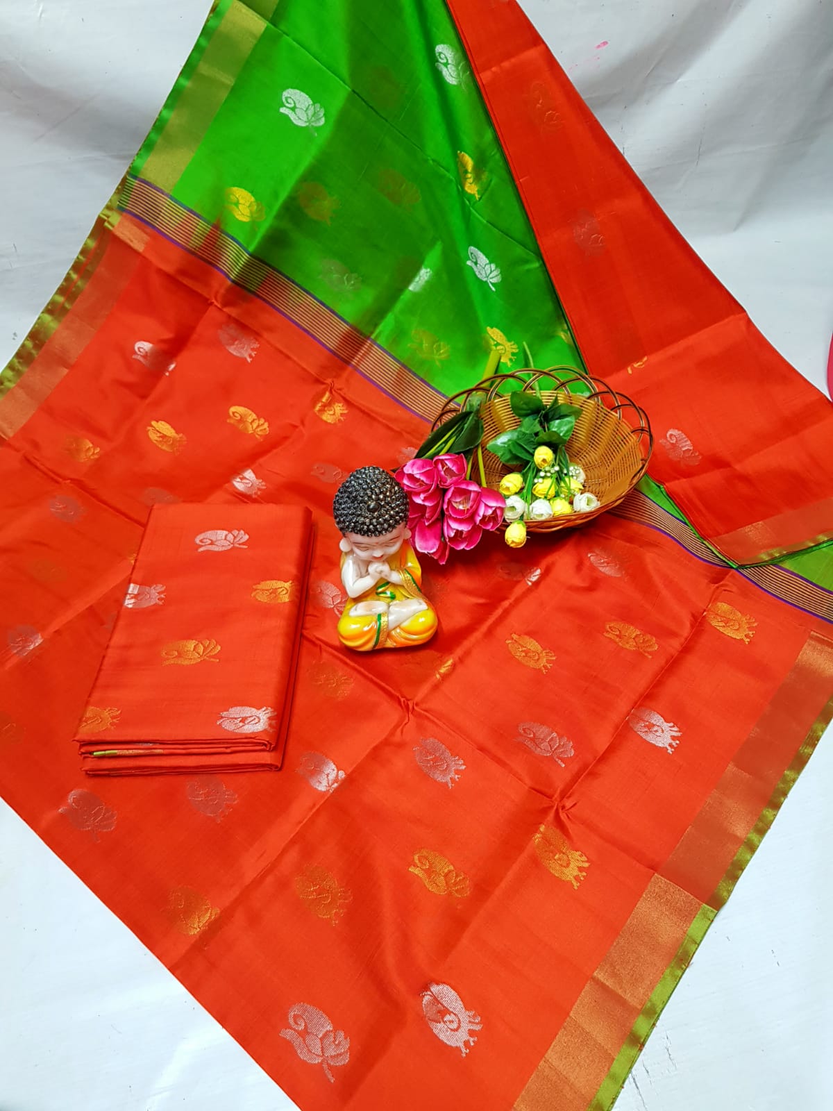 Orange handloom Uppada silk sarees with small border