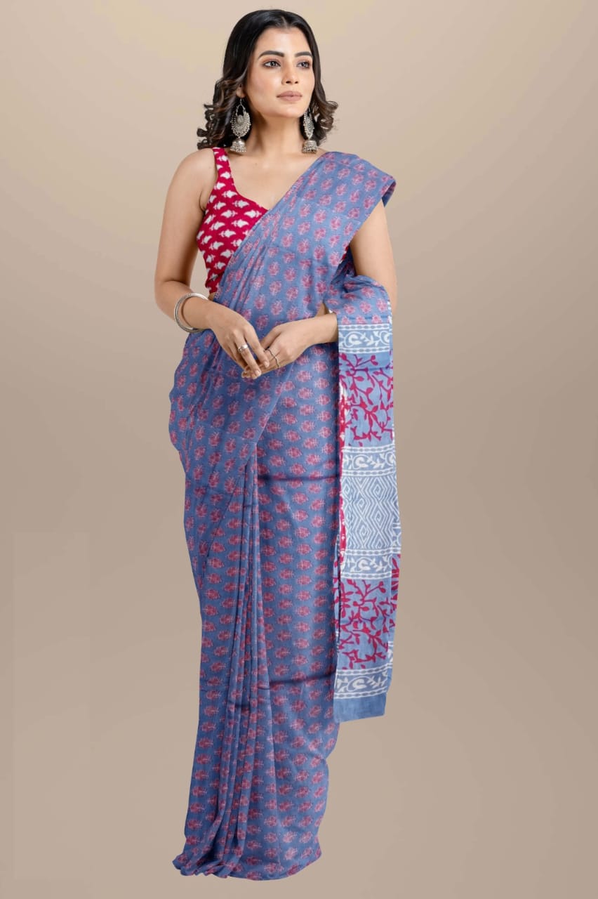 Lilac Handblock printed mulmul cotton sarees