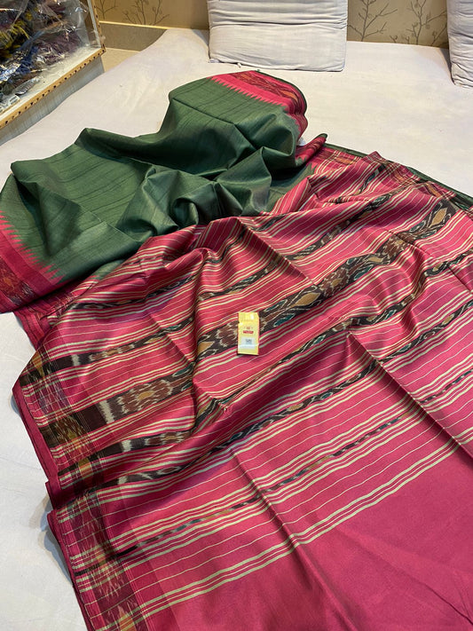 Dark Green Pure desi tussar silk pochampally border sarees