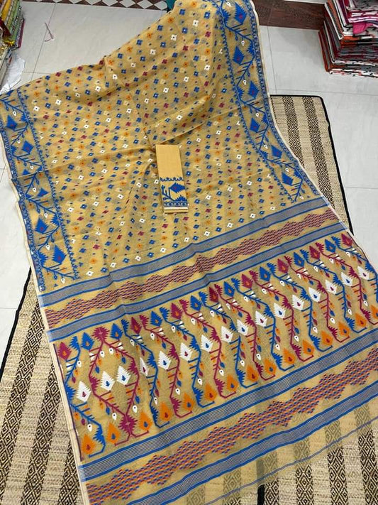 Mustard yellow Dhakai Jamdani sarees