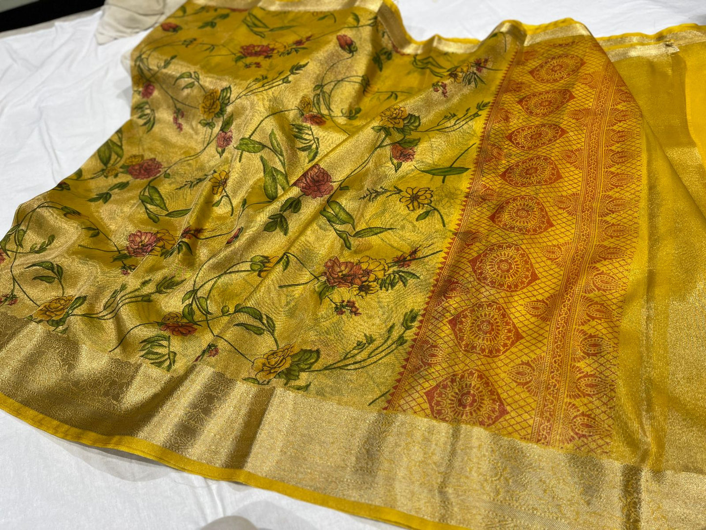 Gold banarasi Tissue silk printed sarees