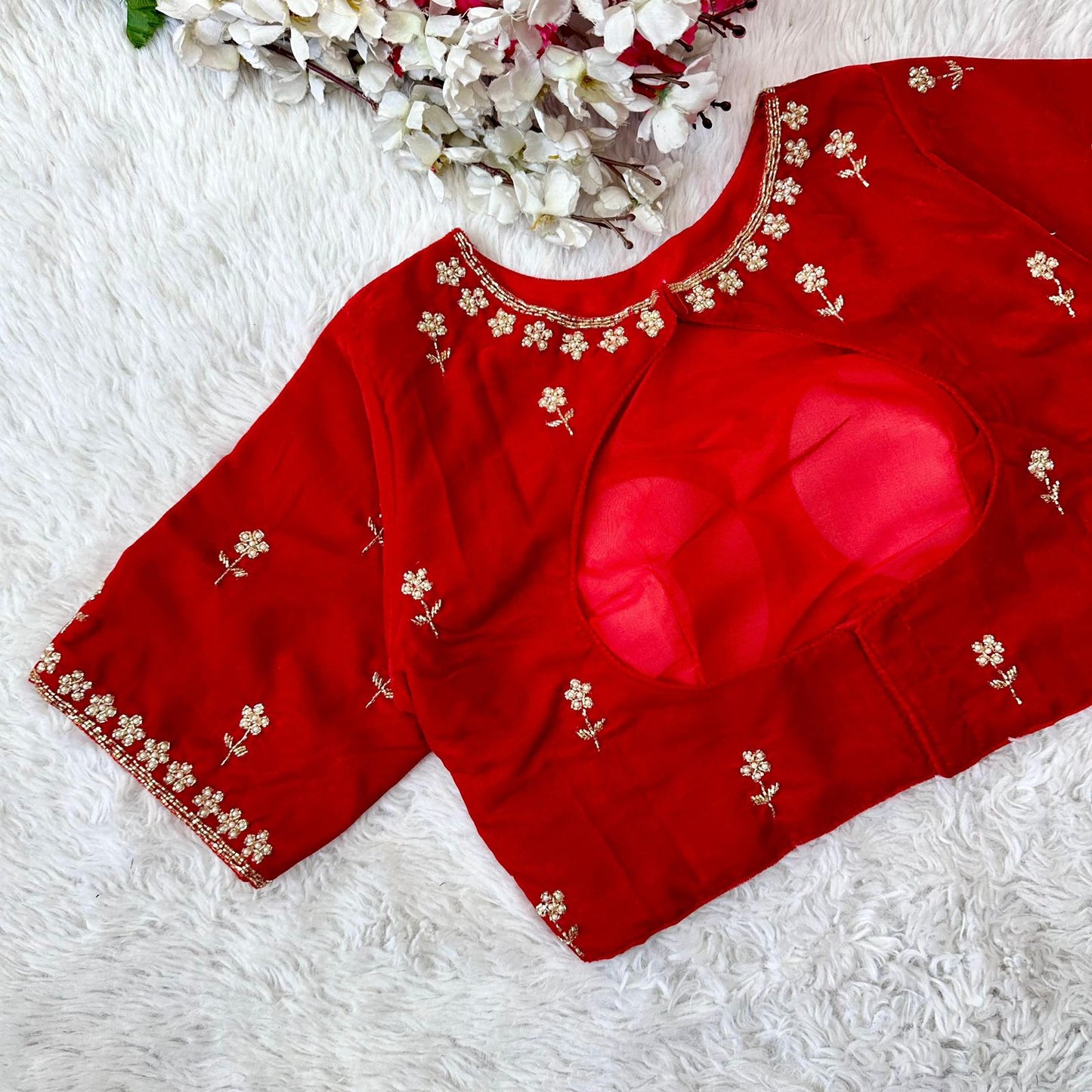 Red readymade velvet pearl work blouse