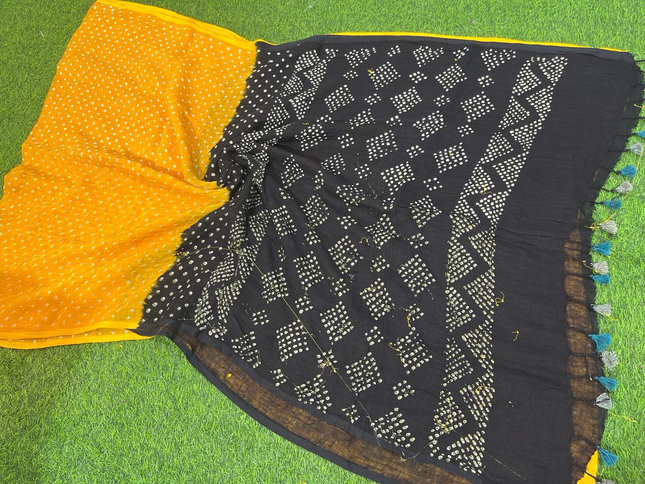 Mango yellow pure linen 120 counts bandhani sarees