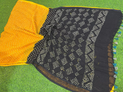 Mango yellow pure linen 120 counts bandhani sarees