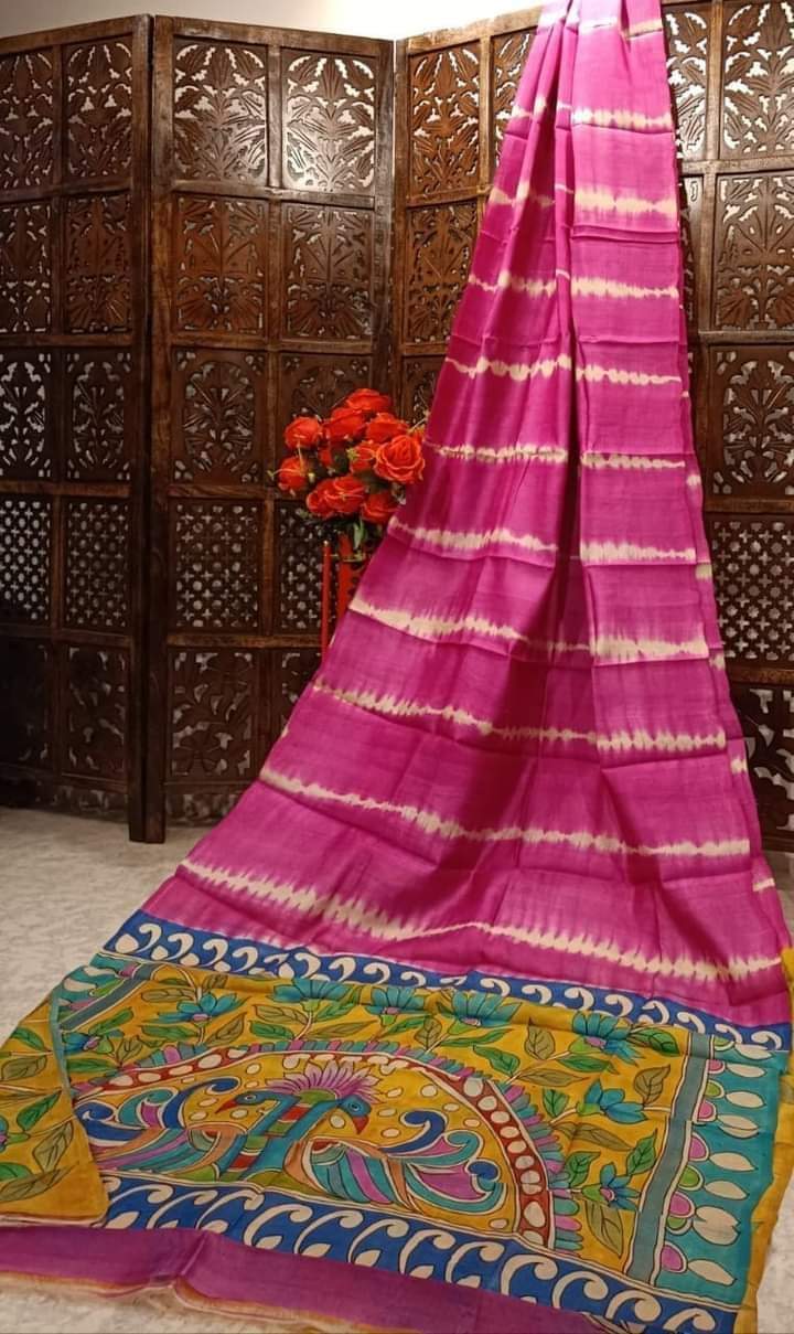 Dark pink pure tussar Silk shibori sarees