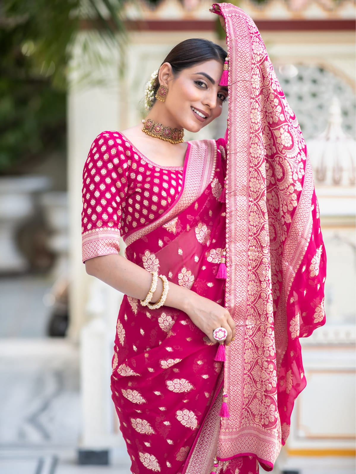 Pink Banarasi semi georgette silk sarees