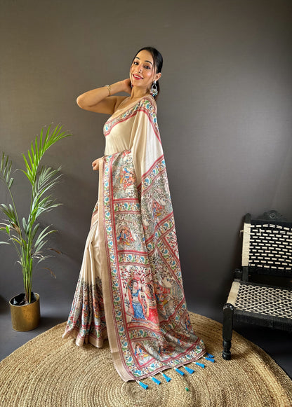 Beige tussar silk sarees with madhubani print