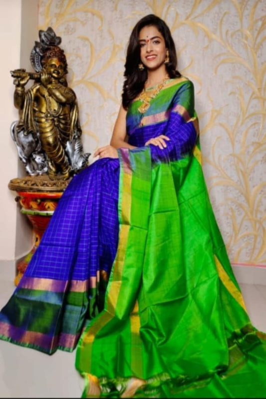 Dark blue and green Tripura silk mahanati checks sarees