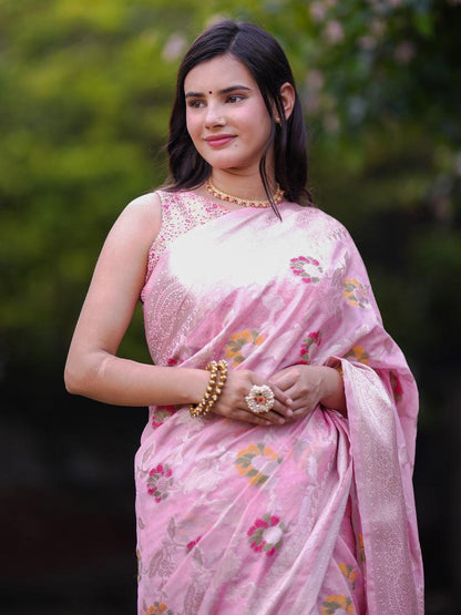 Light pink Banarasi semi georgette silk sarees