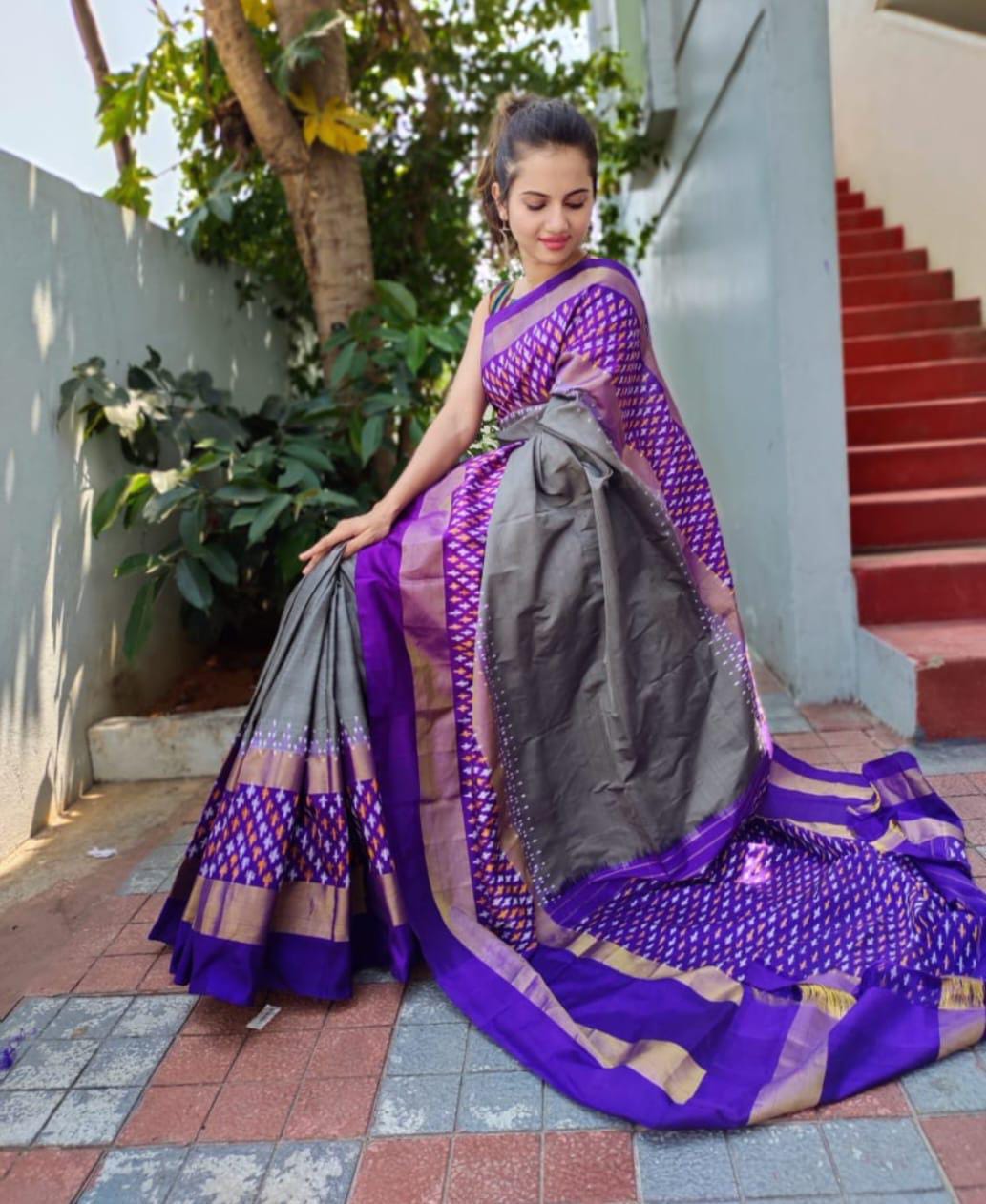 Gray with Purple ikkat plain silk sarees