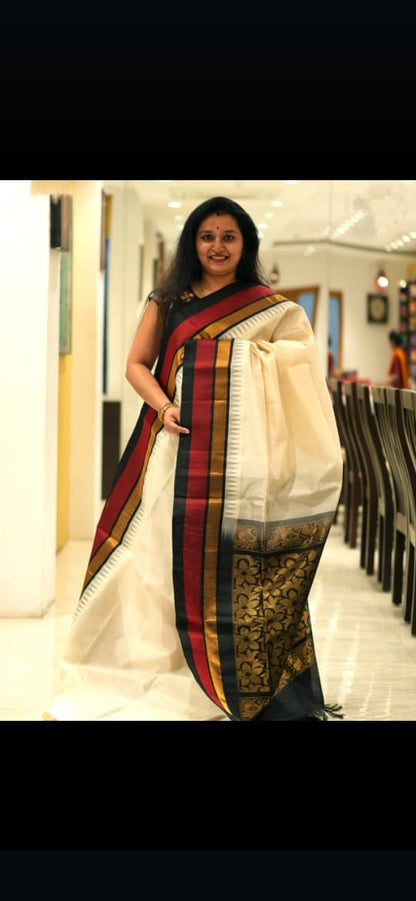 Cream and Black pure handloom Kuppadam sarees