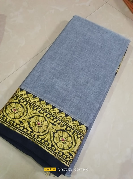 Silver gray Narayanpet Cotton sarees with small border