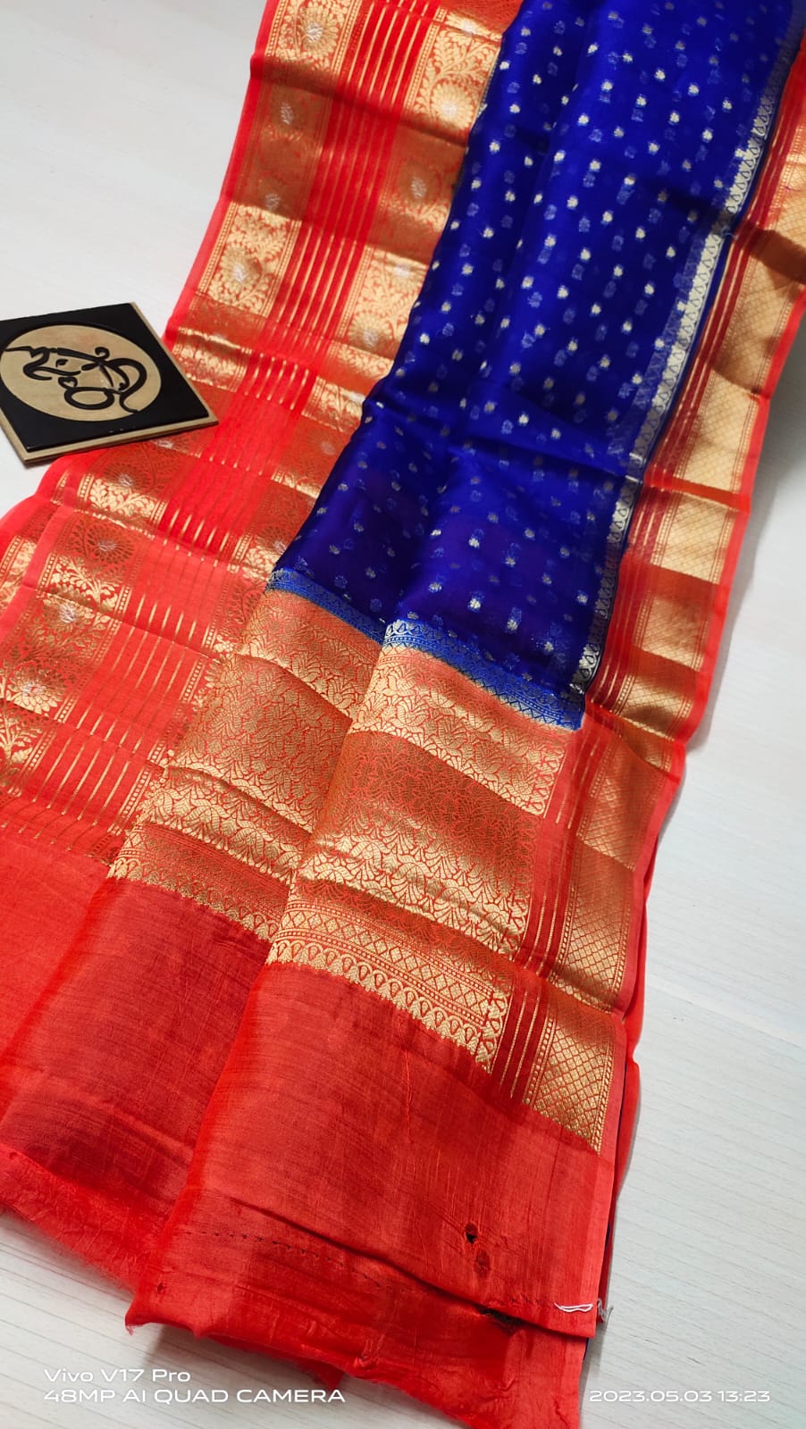 Dark blue Banarasi kora organza silk sarees