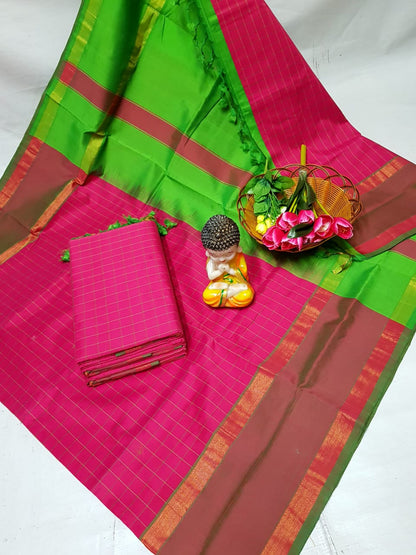 Dark pink and green Tripura silk mahanati checks sarees