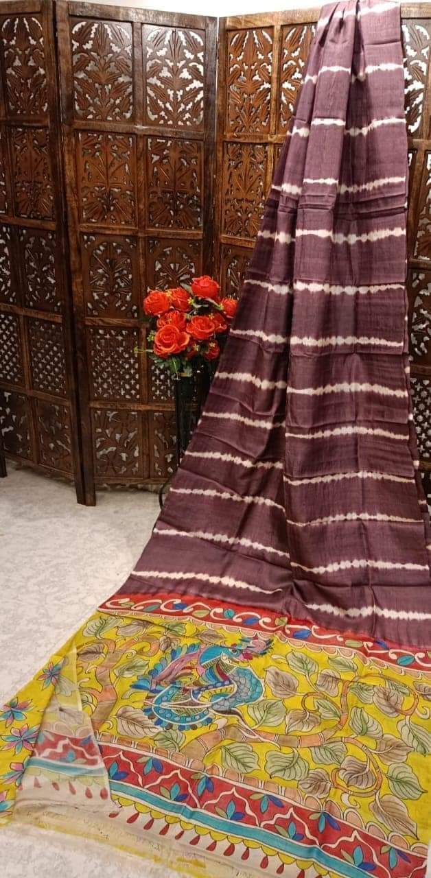 Chocolate brown pure tussar Silk shibori sarees