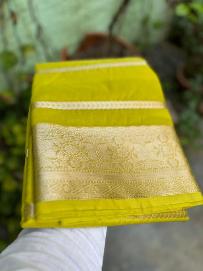 Lemon yellow Banarasi kora organza silk sarees