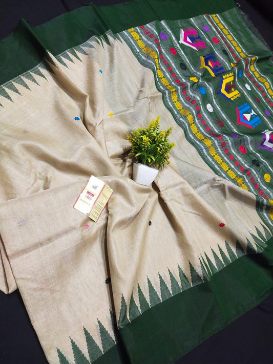 Beige with dark green pure  desi tussar silk sarees