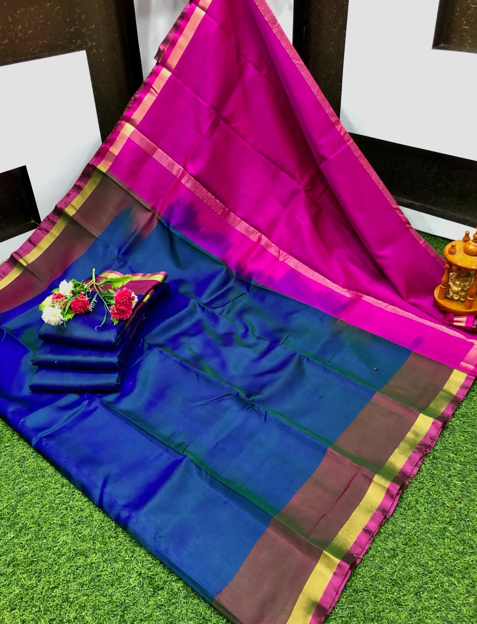 Navy blue and pink uppada pattu plain sarees