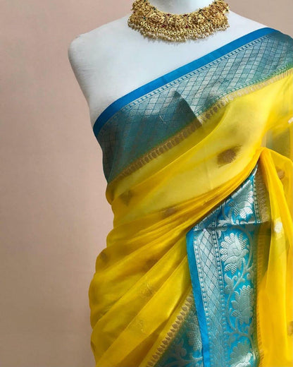 Yellow with sky blue Banarasi kora organza sarees