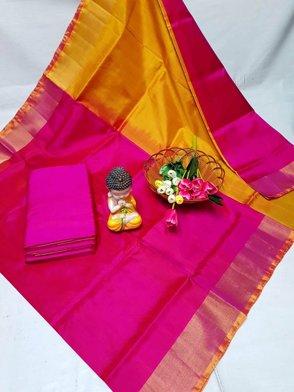 Dark pink and mango yellow uppada plain silk sarees