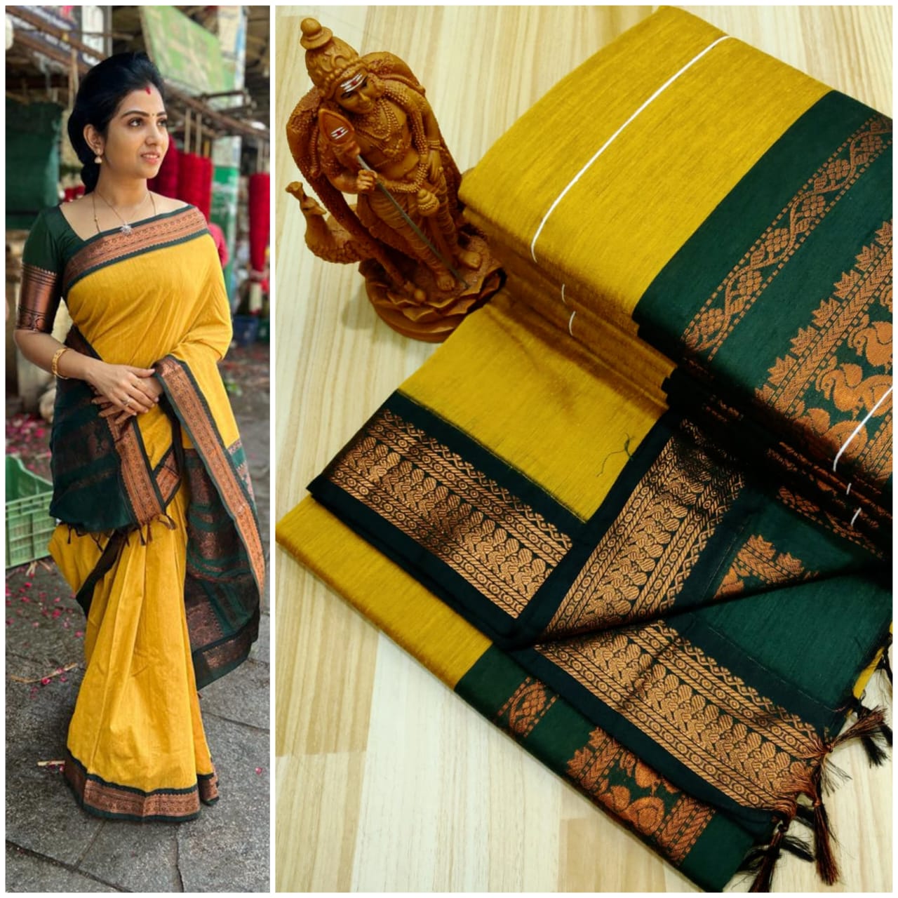 Yellow and dark green kalyani cotton sarees