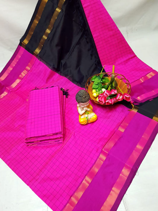 Magenta and black Tripura silk mahanati checks sarees