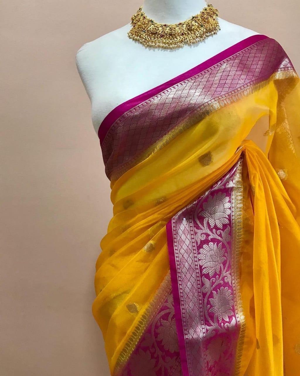 Mango yellow Banarasi kora organza sarees