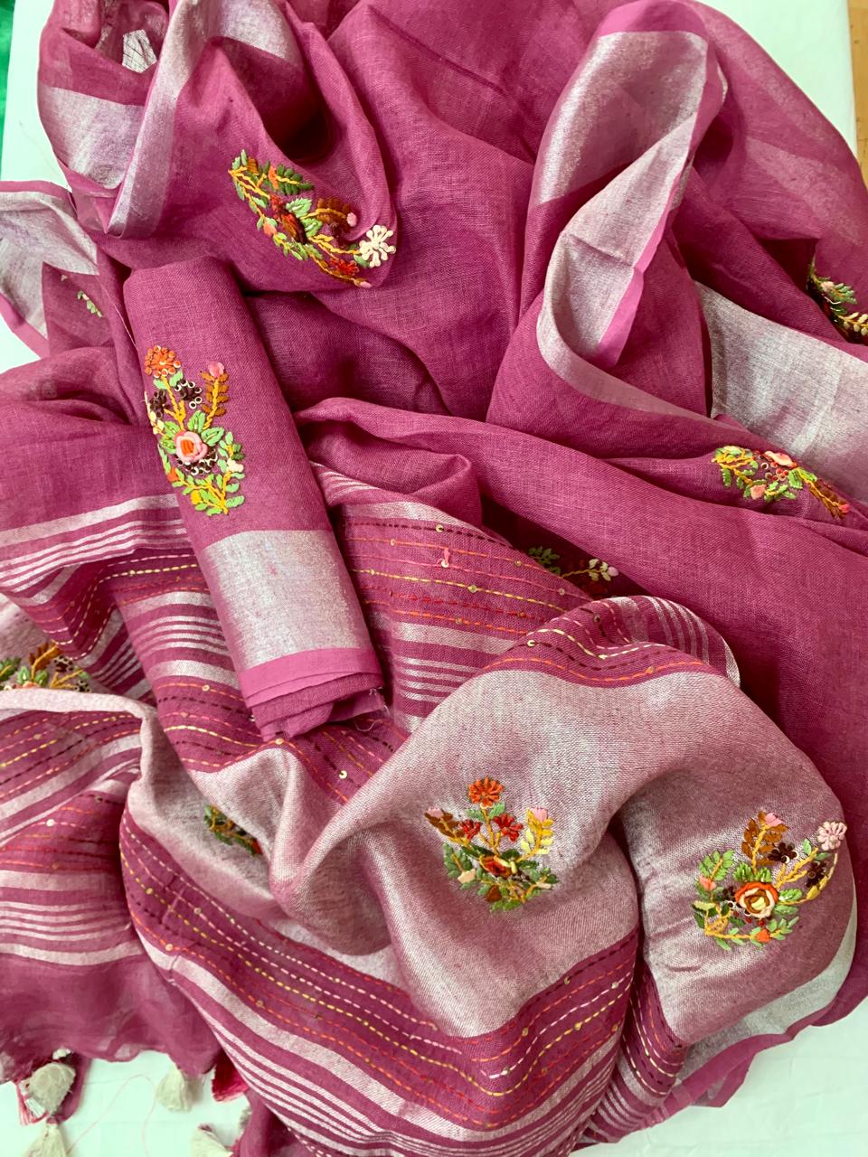 Dark pink Linen French Knot embroidery sarees