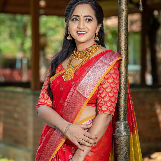 Red and yellow Kuppadam kanchi border sarees